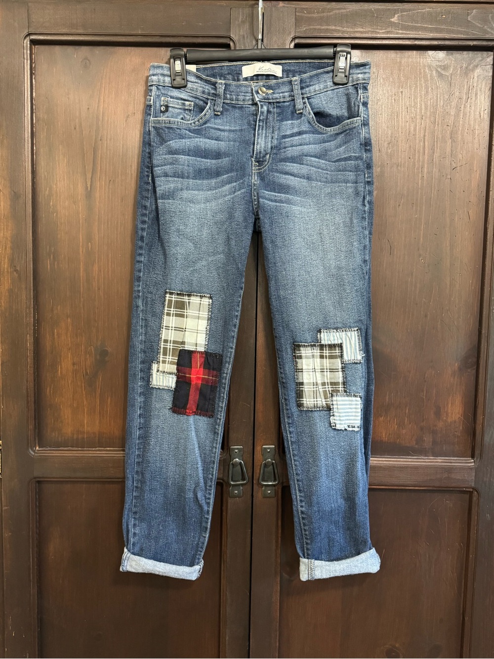 Kancan Patchwork Jeans with Plaid Knee Patch Accents Cabincore Jeans